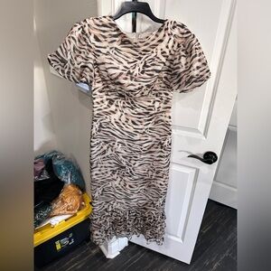 Hutch Brown and White Sheath Midi Dress with Flutter Sleeves